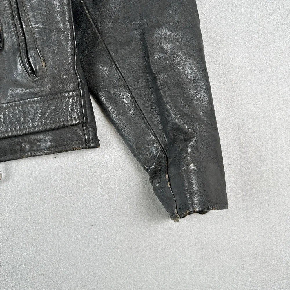 Vintage 60s 70s Leather Motorcycle Jacket Men's 40 Black Unlined Belted Biker